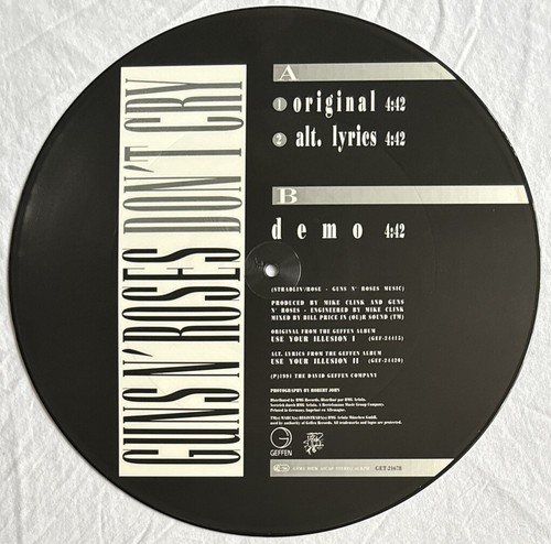 GUNS 'N' ROSES -Don't Cry- Rare German 12" Picture Disc (Vinyl Record) - Foto 2 di 2
