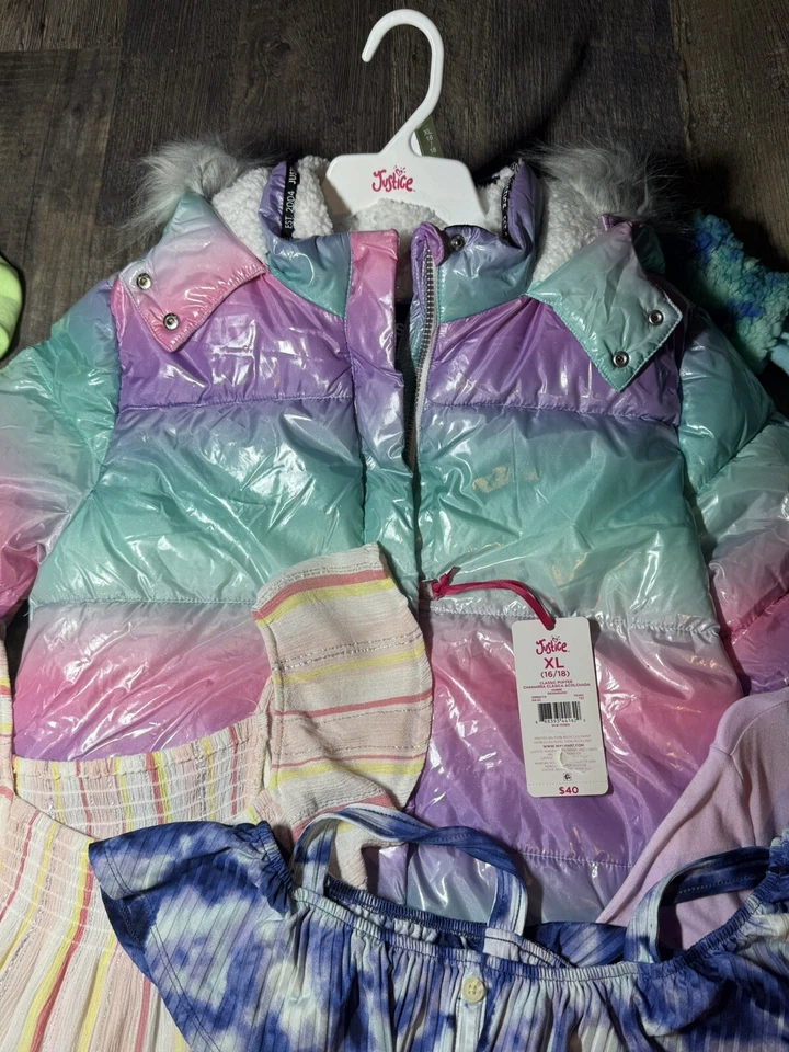 Pacote de roupas Justice GG calças camisas jaqueta acolchoada saia chapéu/luvas mochilas - Imagem 2 de 4