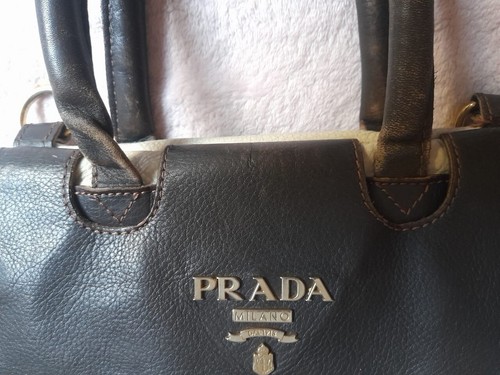 PRADA vintage rare piece, leather shoulder bag Brown White, flapped, authentic - Picture 16 of 24