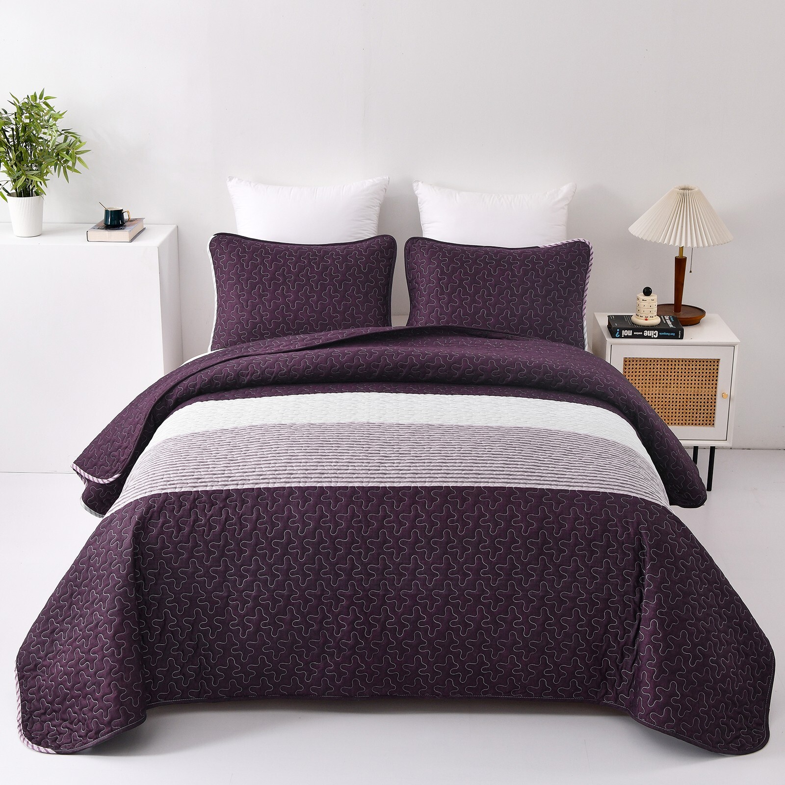 Stripes Quilted Bedspread Set Coverlets Throw Rug 230x250cm Bedding