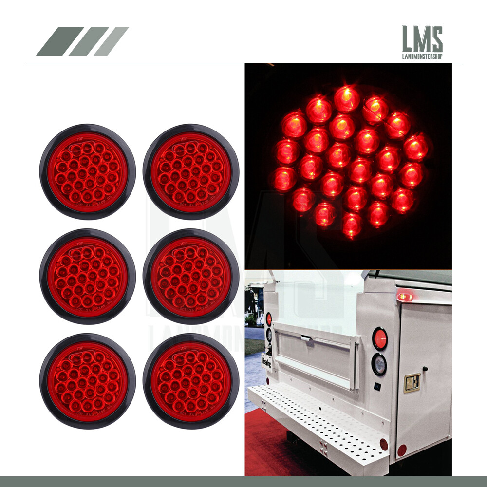 6X Red 4-Inch Round LED Stop Signal Side Marker Lights with Rubber Trailer Mount