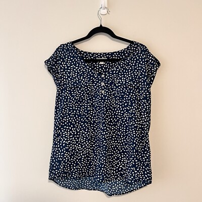 New York And Company Blouse Womens Size Large Navy Blue And White Polka Dot 