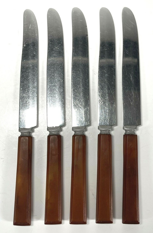 Vintage Butterscotch Bakelite EverBrite Knives Flatware Stainless Steel
