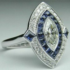 Art Deco Marquise Design Old European Cut CZ With Blue Sapphire 935 Silver Ring