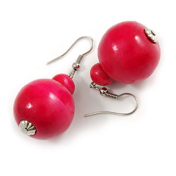 Round Wood Drop Earrings In Deep Pink - 50mm Drop - Image 3 of 4