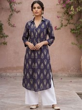 Indian Women Blue Pure Cotton Ethnic Motifs Print Kurta Kurti Top Tunic Dress