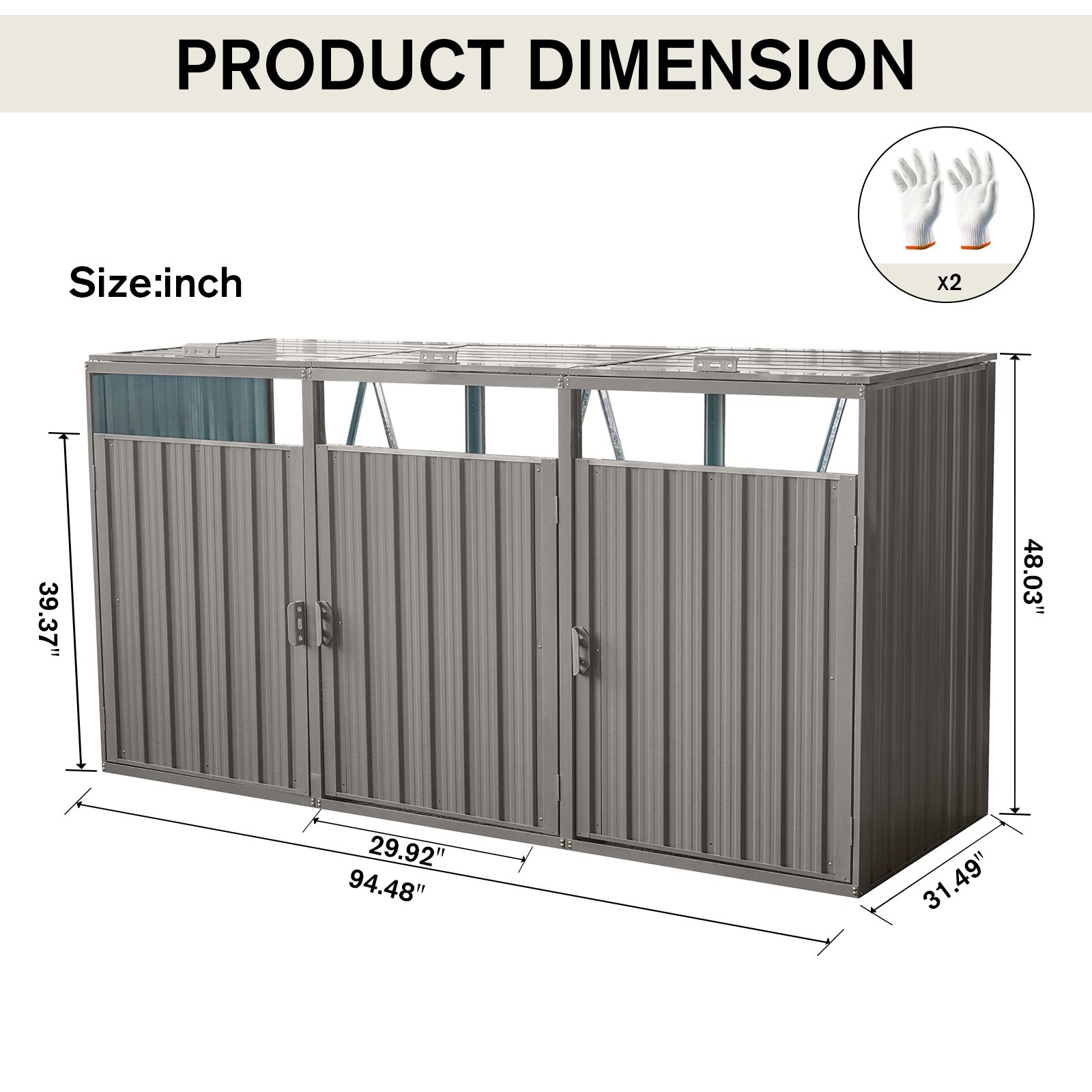 Outdoor Garbage Storage Bin Shed Stores 3 Trash Cans Metal Bin Shed for Yard