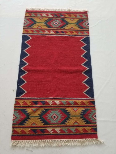 Vintage Handmade Traditional Geometric Red Blue Kilim Floor Rug Carpet 137x73cm