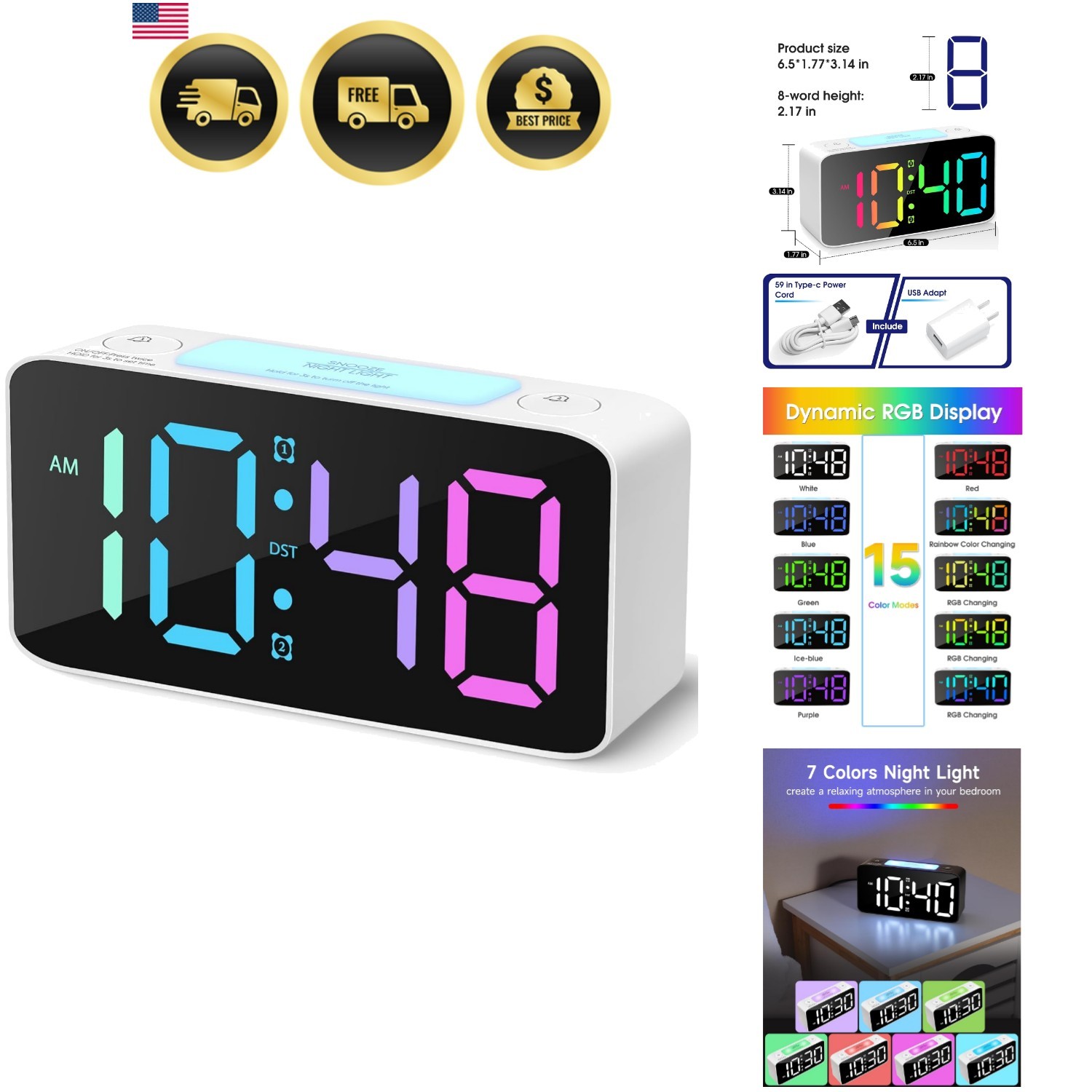 Super Loud Alarm Clock for Heavy Sleepers Adults,Digital Clock with 7 Color N...