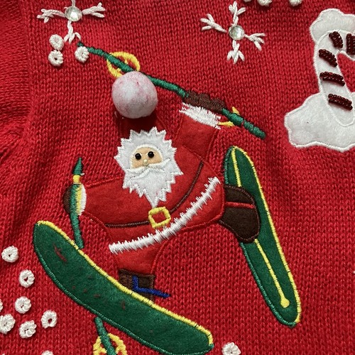 VTG Victoria Harbour Sweater Christmas Large Red Santa Ski Sled Snow Cardigan - Picture 4 of 13