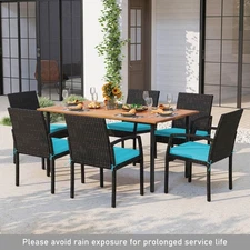 Patiojoy 7PCS Patio Rattan Dining Table Set W/ Cushion Umbrella Hole Turquoise