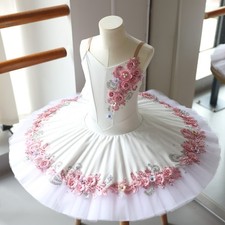 Girls White Pink Ballet Tutu Dress Handmade Floral Applique Stage Costume
