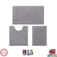 High-Quality Chenille Bath Mat Set - 3-Piece Grey Non-Slip Rug Collection