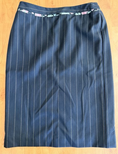 Versace, Gianni Versace Vintage Pinstripe Pencil Skirt Black Floral Trim Made in Italy