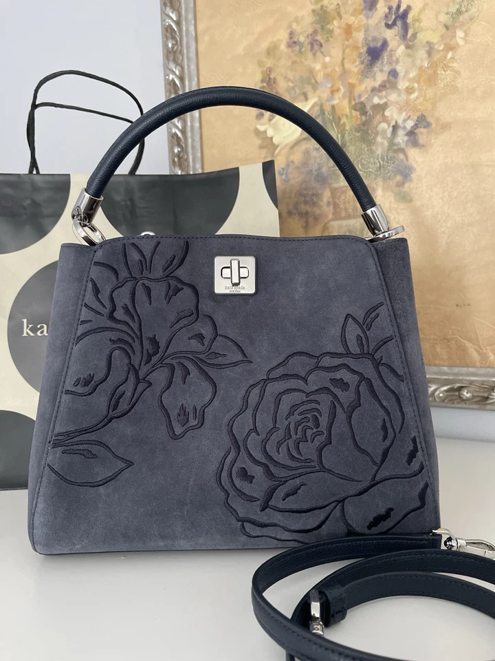 NUEVO CON ETIQUETAS KATE SPADE Phoebe Gamuza Bordado Medio Asa Superior Bolso Blazer Azul Foto 2 de 4