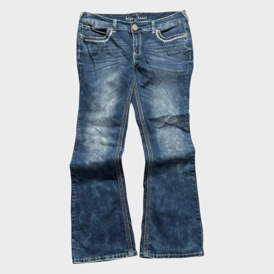 Pantalones de mezclilla vintage Ariya bordados Y2K para mujer ajuste súper holgado corte bootcut 36x32 Foto 2 de 4