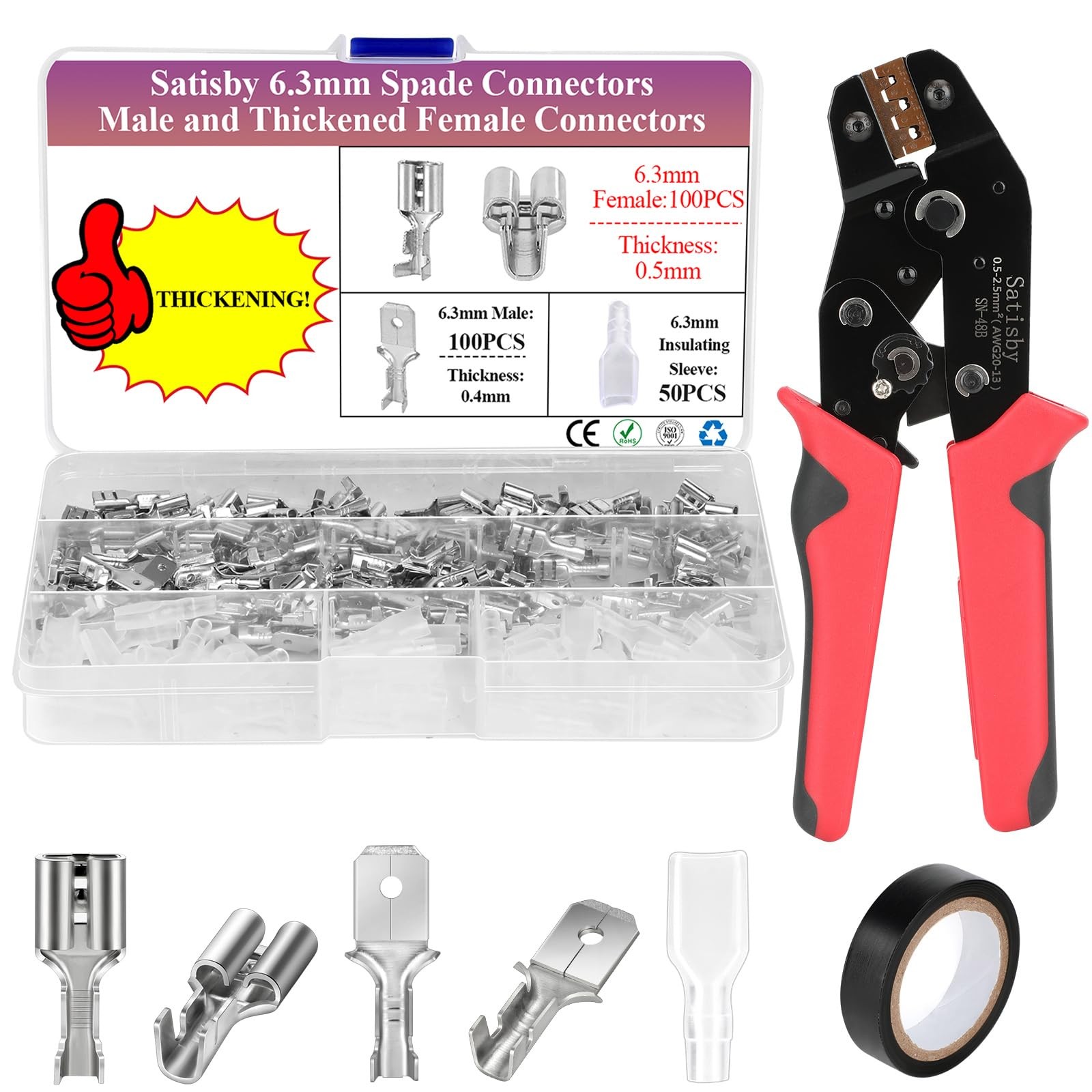 Crimpatrice Professionale Faston 6.3mm: Kit 250 Terminali Ispessiti