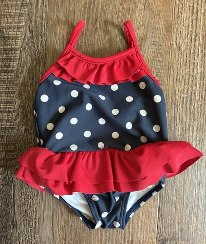 Carter's Baby Girl Patriotic Polka Dot Red Ruffle Lined 1-Piece Swimsuit Navy 6M