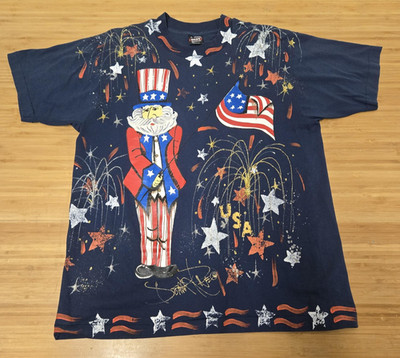 Vintage Uncle Sam Graphic Shirt Mens Large Blue USA Fireworks 4th July 90s