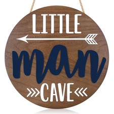 Little Man Cave Wooden Round Door Sign for Little Boy Nursery Room Wall Art N...