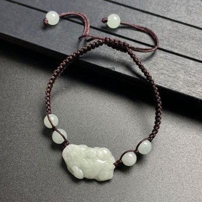 Natürliches Grade A Jadeit Pixiu Jade Armband Kaffee geflochten verstellbar Armband