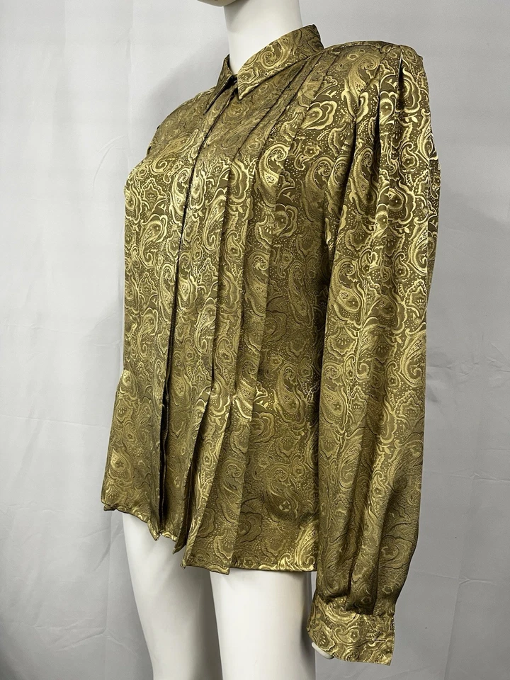 Blusa femenina vintage Liz Claiborne opulenta barroca plisada dorada para mujer 12 Foto 4 de 4