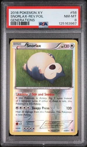 2016 POKEMON XY GENERATIONS #58 SNORLAX-REVERSE FOIL PSA 8