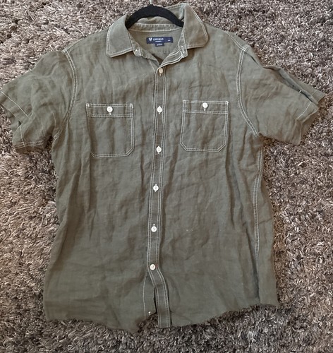 Men’s 100% Linen Green Cremieux Short Sleeved Shirt Size Medium Made Sri Lanka