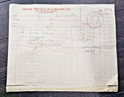 1927 Tobacco Grocery Gould Wells Blackburn Madison Wisconsin Receipt Billhead