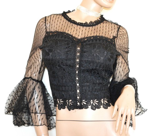MAGLIETTA NERA donna corpetto pizzo ricamato maglia tulle velo cerimonia  G105 | eBay