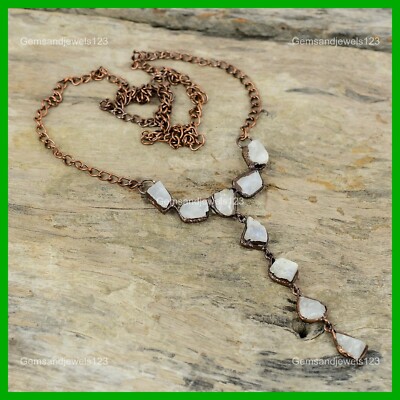 Rainbow Moonstone Rough Gemstone Copper Electroformed Handcrafted Chain Necklace