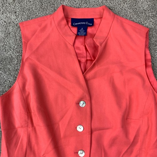 Charter Club Button Up Lined Top Jacket Women's Size 4 Sleeveless Coral Silk - Picture 2 of 8