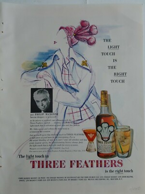 1949 Three Feathers whiskey bottle Philip Mangone fashion designer Rogers art ad