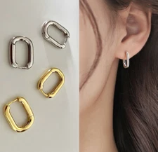 Women Girl 925 Sterling Silver Gold Plated U-Shape Huggie Hoop Earrings A9