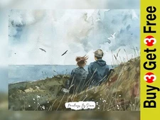 Intimate Seaside Moment, Watercolor Coastal Scene Painting Print 5"x7" on Matte