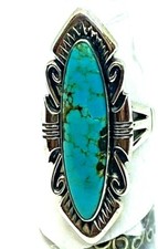 PAWN 925 Sterling Silver Ring with turquoise stone size 6.75 NAVAJO 1.75  Long