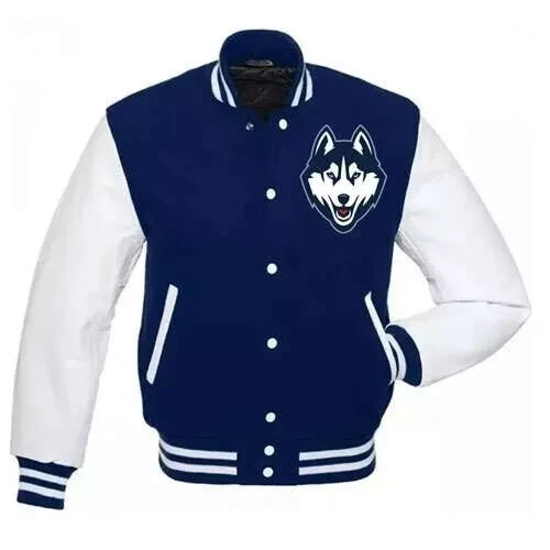 Letterman UConn Huskies Blue and White Varsity Jacket with Genuine Leather Sleev