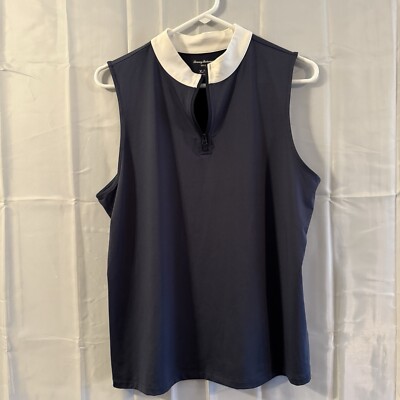 Tommy Bahama Womens XL Navy Blue 1/4 Zip Sleeveless Golf Shirt White Mock Collar