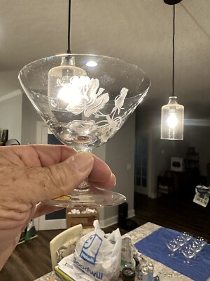 (1) 3 3/4  Rosenthal Martini Glass Etched Rose Vintage Barware Mid Century Mod