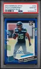 2023 Donruss Optic Zach Charbonnet PSA 10 Rated Rookie Blue Prizm /99 Auto #294