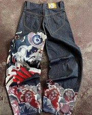 Mens Graphic Denim Jeans Wide Leg Baggy Y2K Streetwear Horror Print size XL