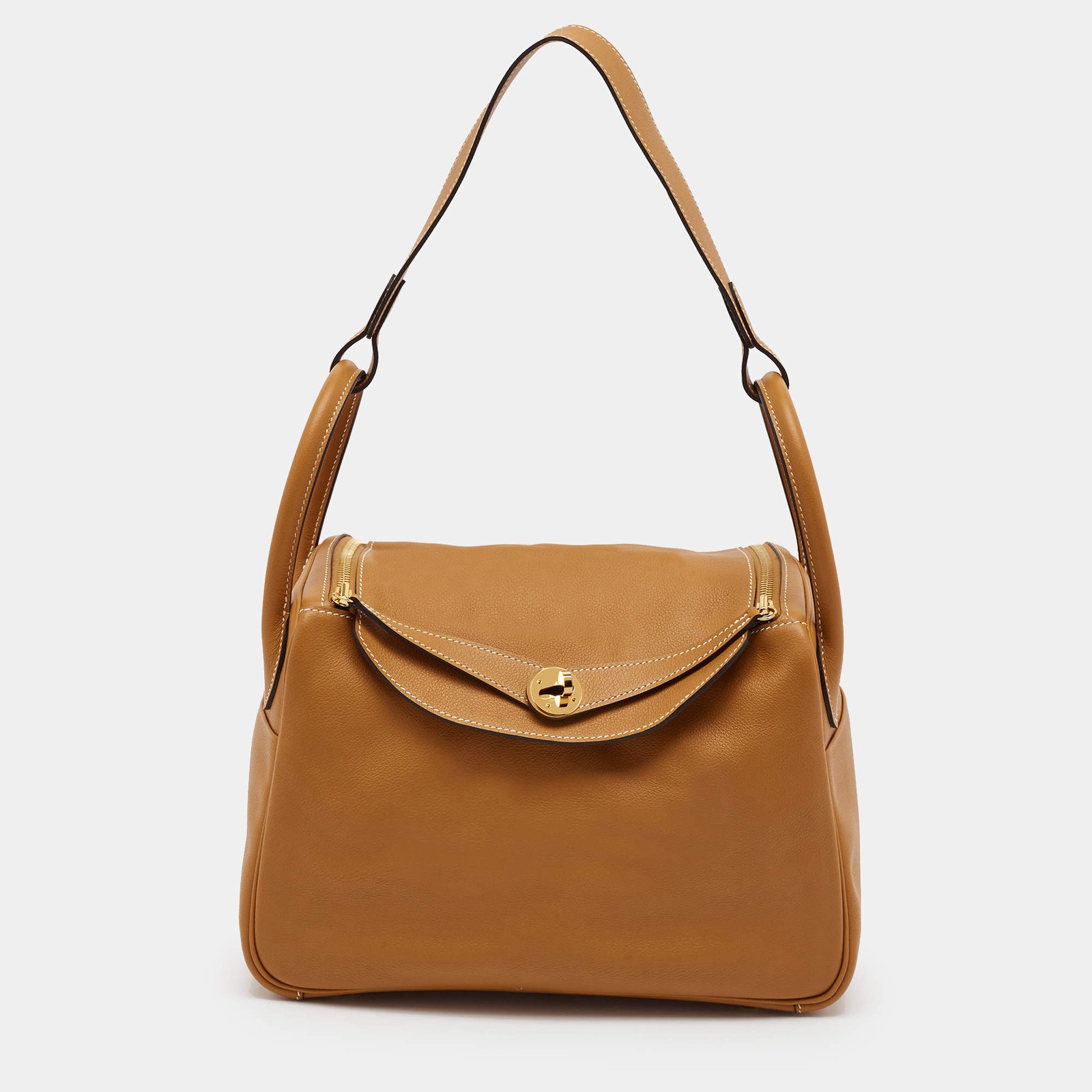 Hermes Lindy 30 Gold Finish Toffee Evercolor Leather Shoulder Bag