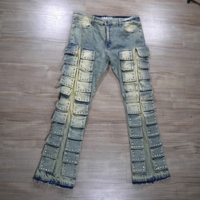 Taker Mens Rhinestone Studded Multi Pocket Cargo Jeans Light Wash Blue 38x34