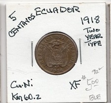 1918 5 Centavos ECUADOR Copper Nickel 1 Year Type World Coin XF