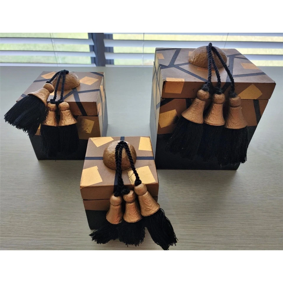 Nesting Boxes-Set of 3-Black & Gold Decoupage-Tassle-Hand Made - Image 4 of 4