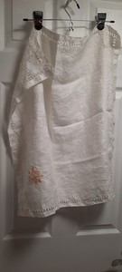 Vintage White Linen Tablecloth Cutwork with Embroidered Monogram Granny Core