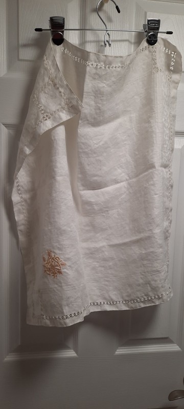 Vintage White Linen Tablecloth Cutwork with Embroidered Monogram Granny Core