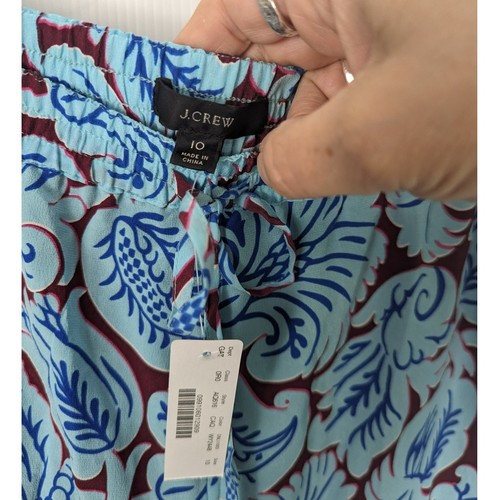 J Crew Pull On Silk Pant in Aqua Paisley Blue Maroon Lined Drawstring NEW 10 - Picture 6 of 11