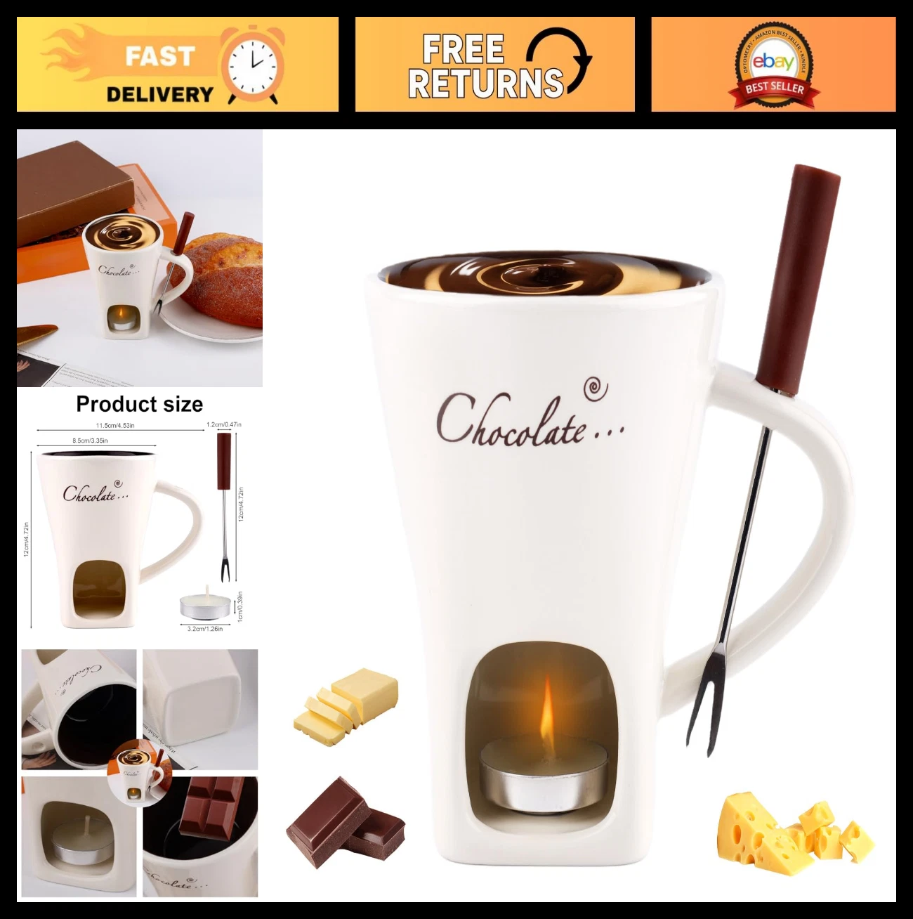 Chocolate Fondue Mug Set with Fork & Tealights - Perfect for Desserts, Cheese &