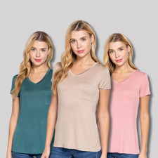 Womens V-NECK Front Pocket Short Sleeve Rayon Top Soft Lightweight Basic T Shirt